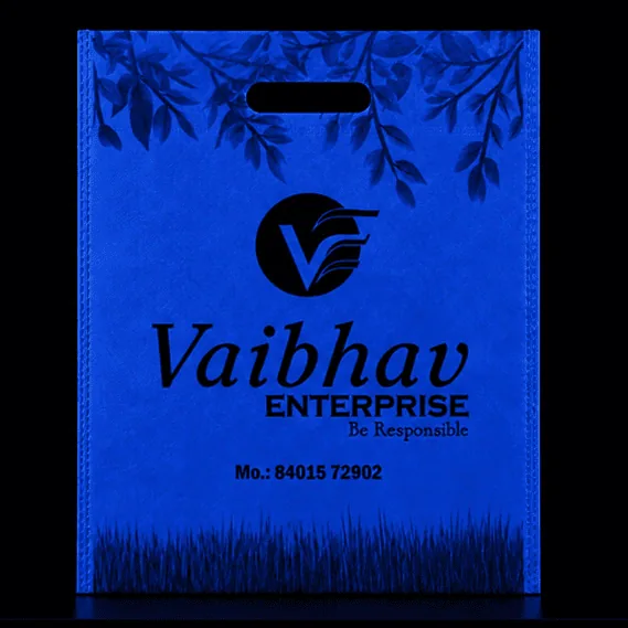 Blue D-Cut non-woven carry bag with custom logo printing by Vaibhav Enterprise