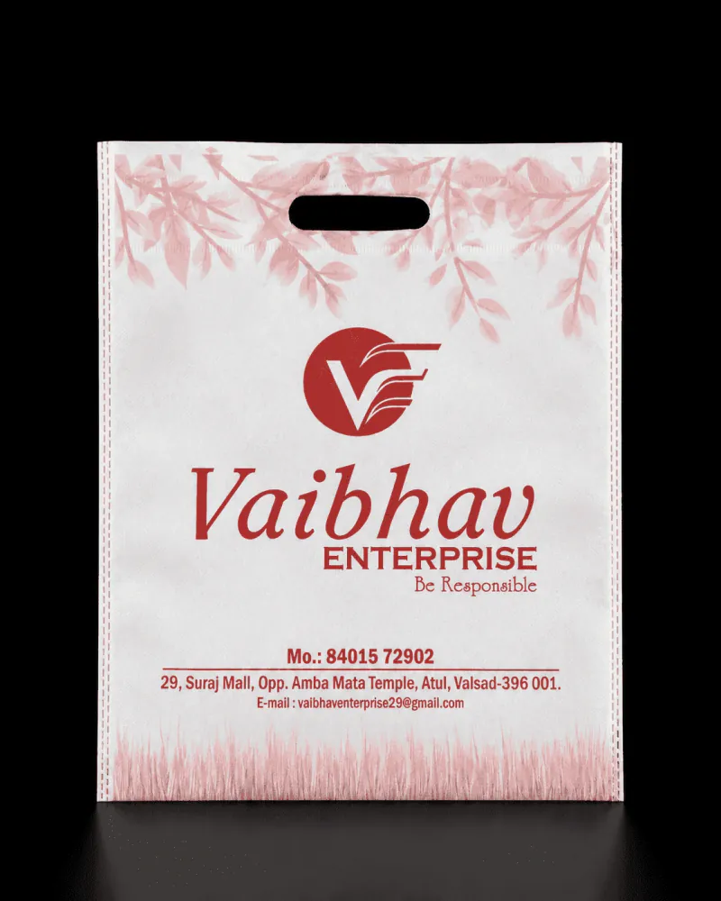 Printed D-Cut non-woven carry bag with floral design and Vaibhav Enterprise branding